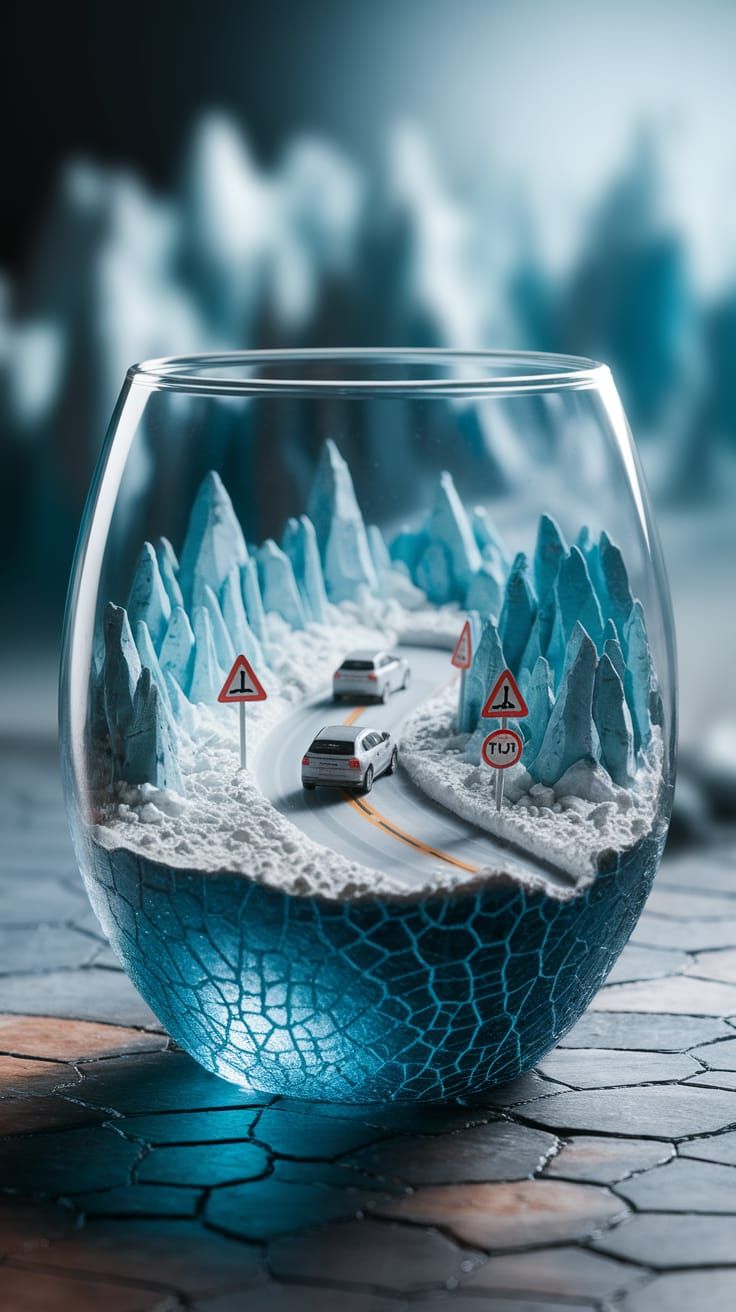 Miniature Snowy Mountain Diorama in a Glass Cup