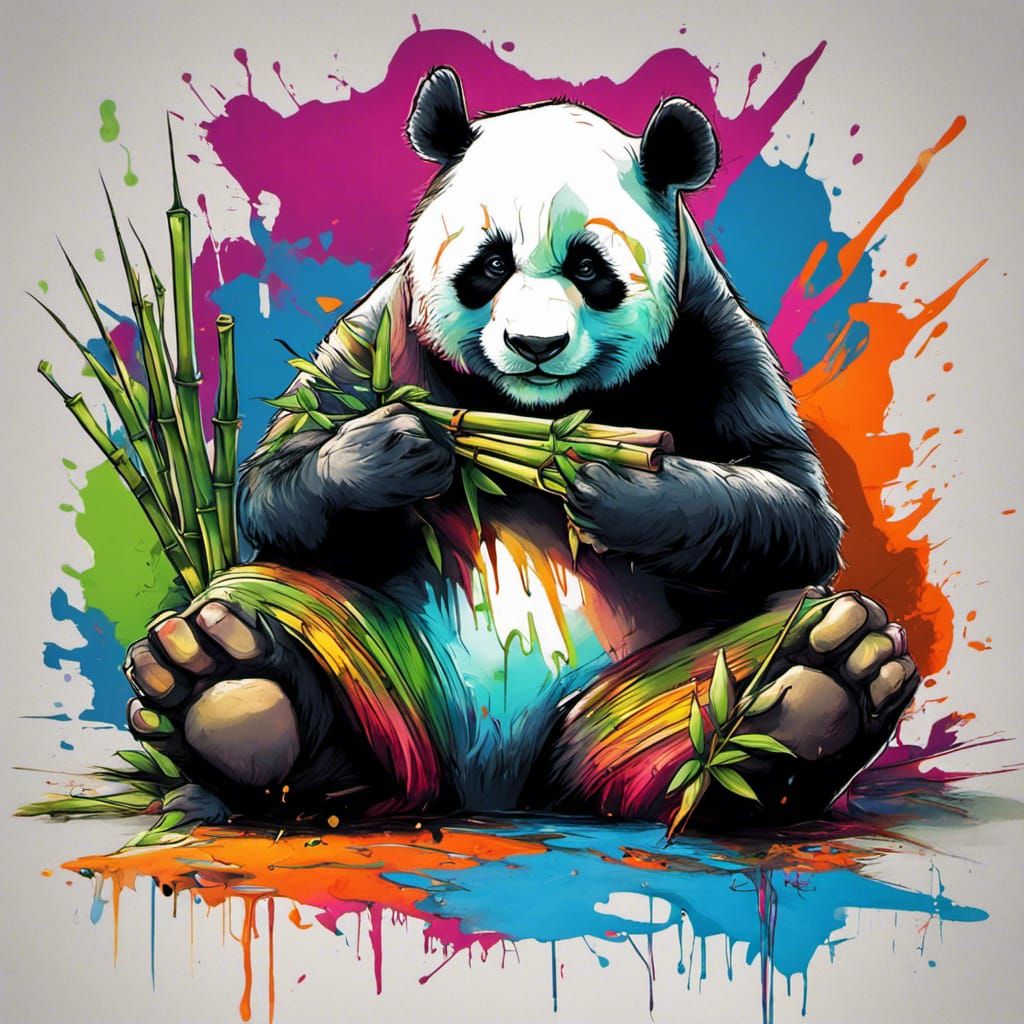 Graffiti Art Panda Eating Bamboo