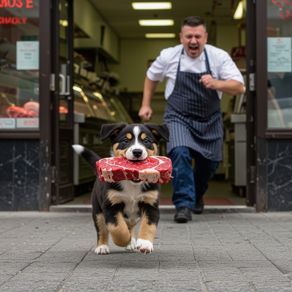 Puppy Steals Steak From Butcher Shop