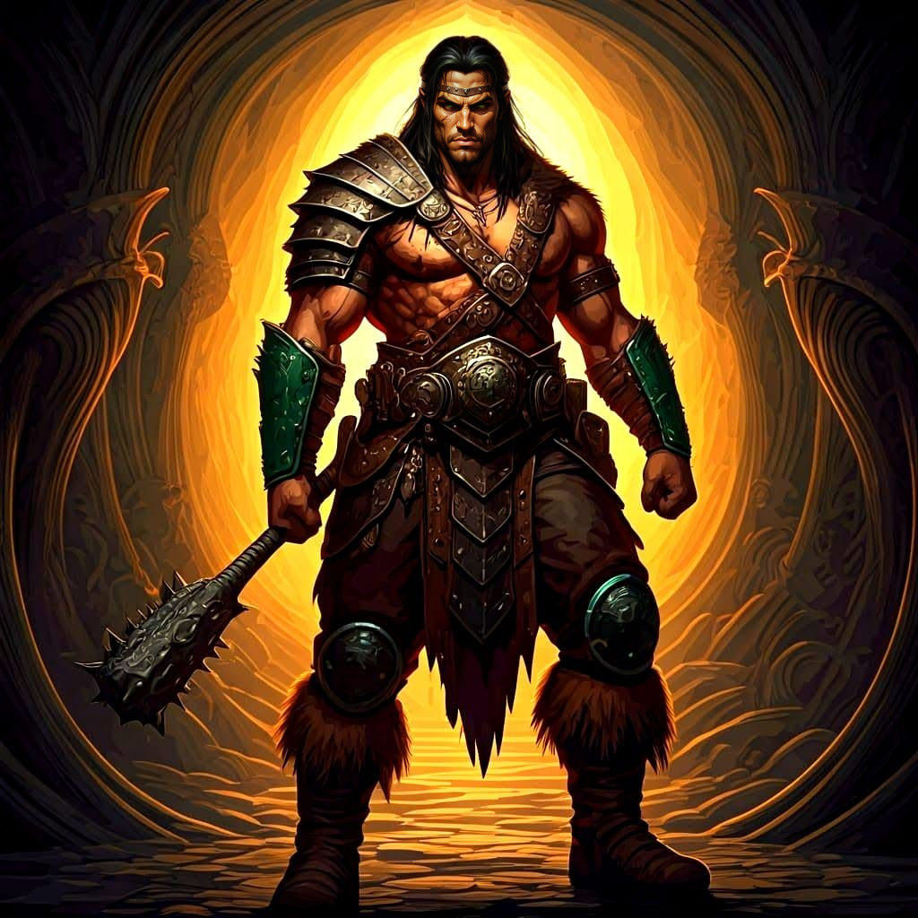 Tall Barbarian Warrior in Dark Leather Armor, Fighting Drow....