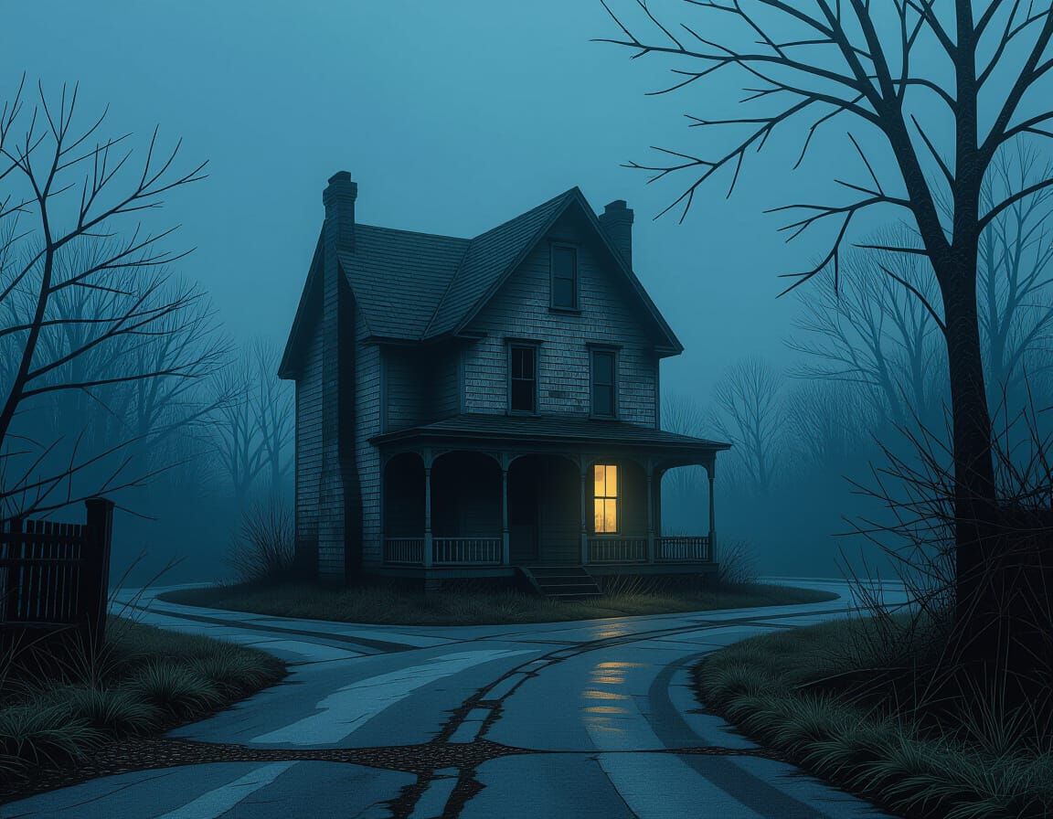 Lonely Old House on Deserted Street in Dark Fantasy Style
