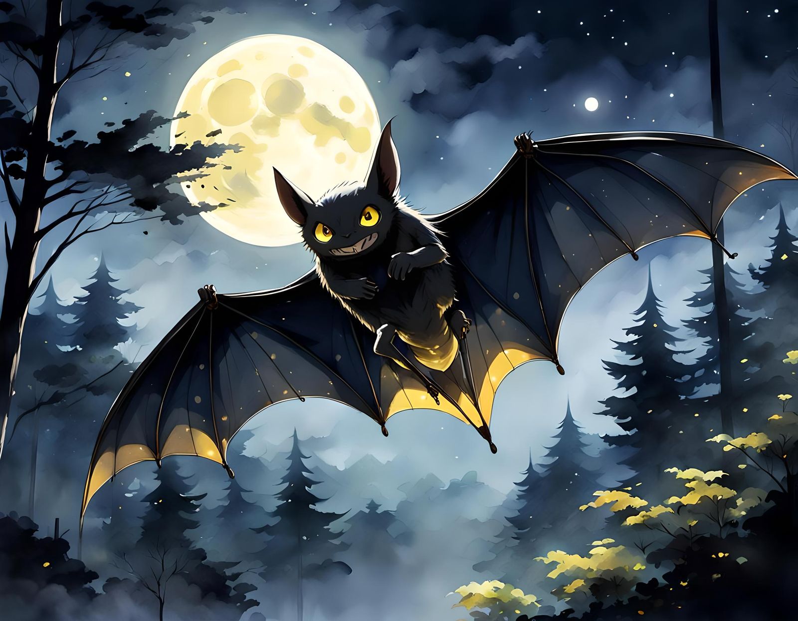 Giant Bat in Moonlight: Ghibli Anime Style