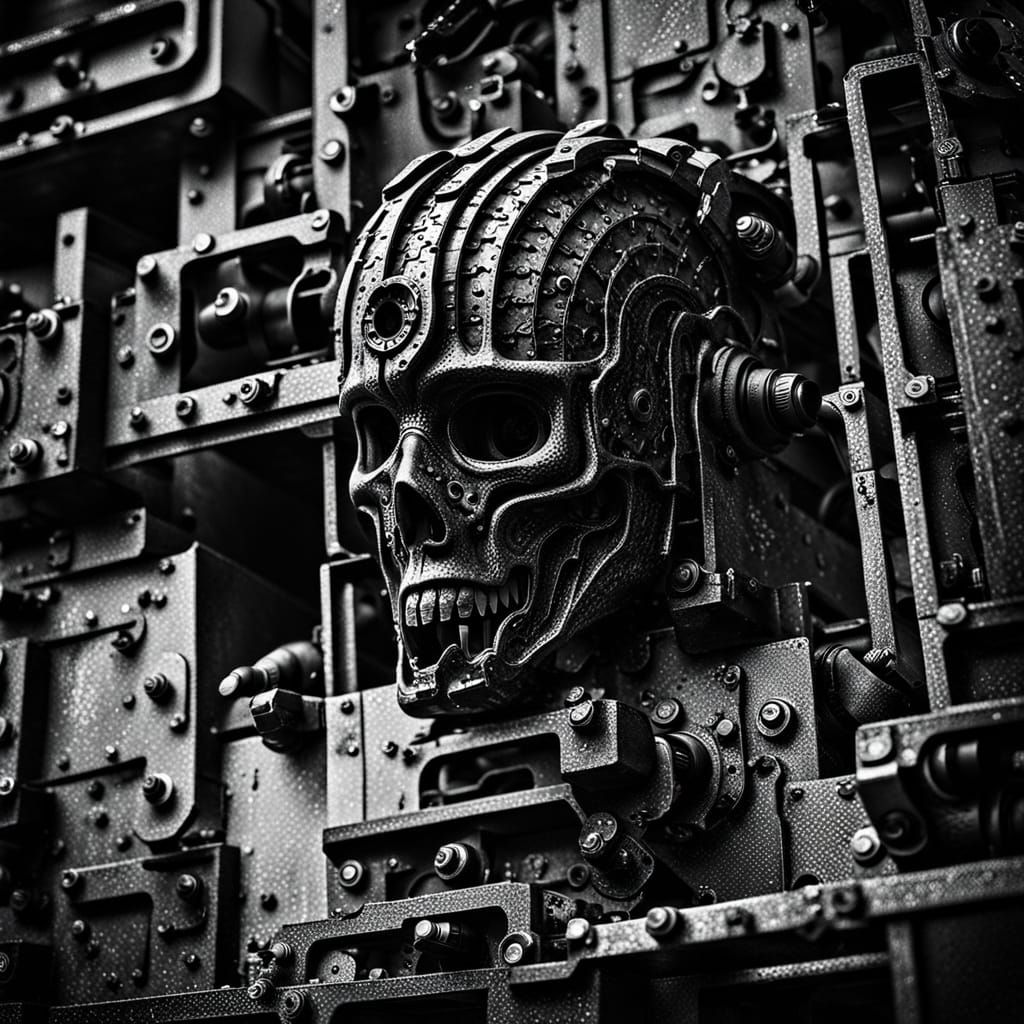 Industrial Noir Biomechanical Sculpture in Dark Alley