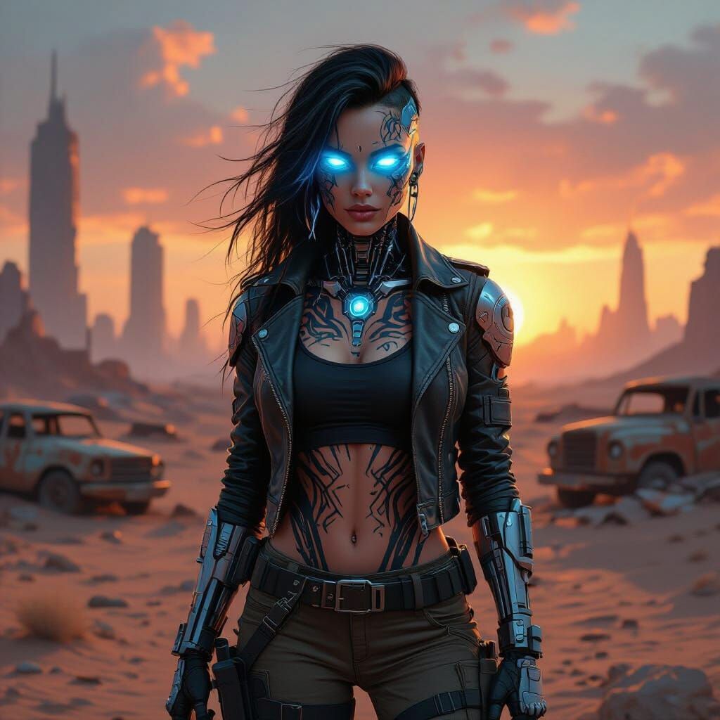 Cyborg Woman in Post-Apocalyptic Desert, Hyperrealistic Styl...