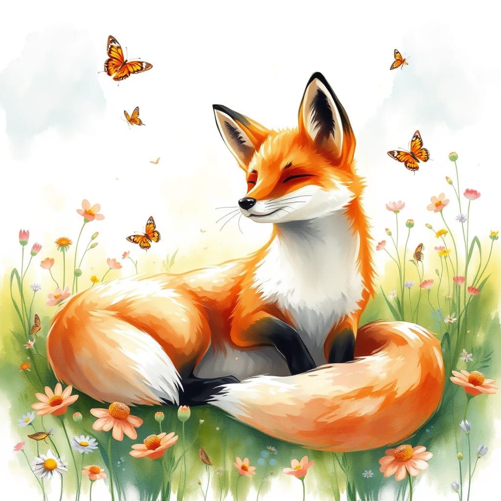Fox in Meadow: Expressive Watercolor Painting