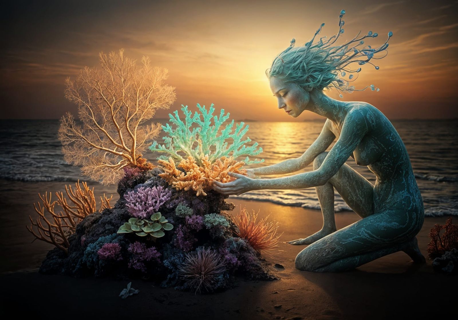 Ocean Spirit Nurturing Coral Reef at Twilight