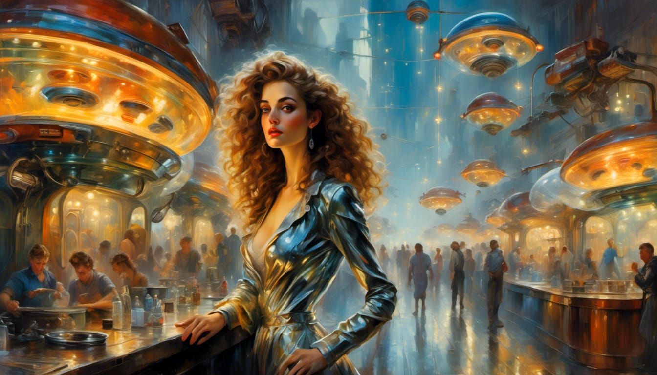 Retro-Futuristic Utopia Street with Chrome Jumpsuit, Oil Pai...