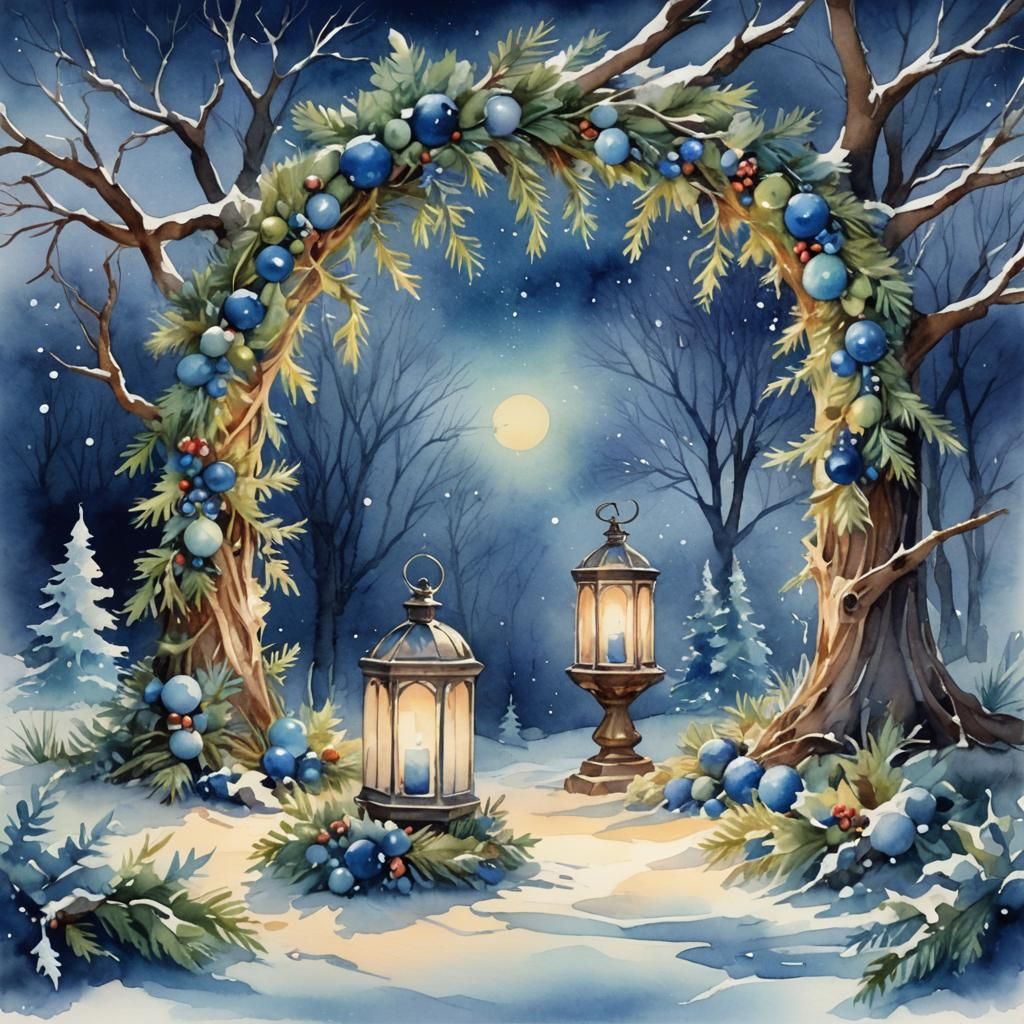 This serene winter watercolor fantasy christmas reath and ga...