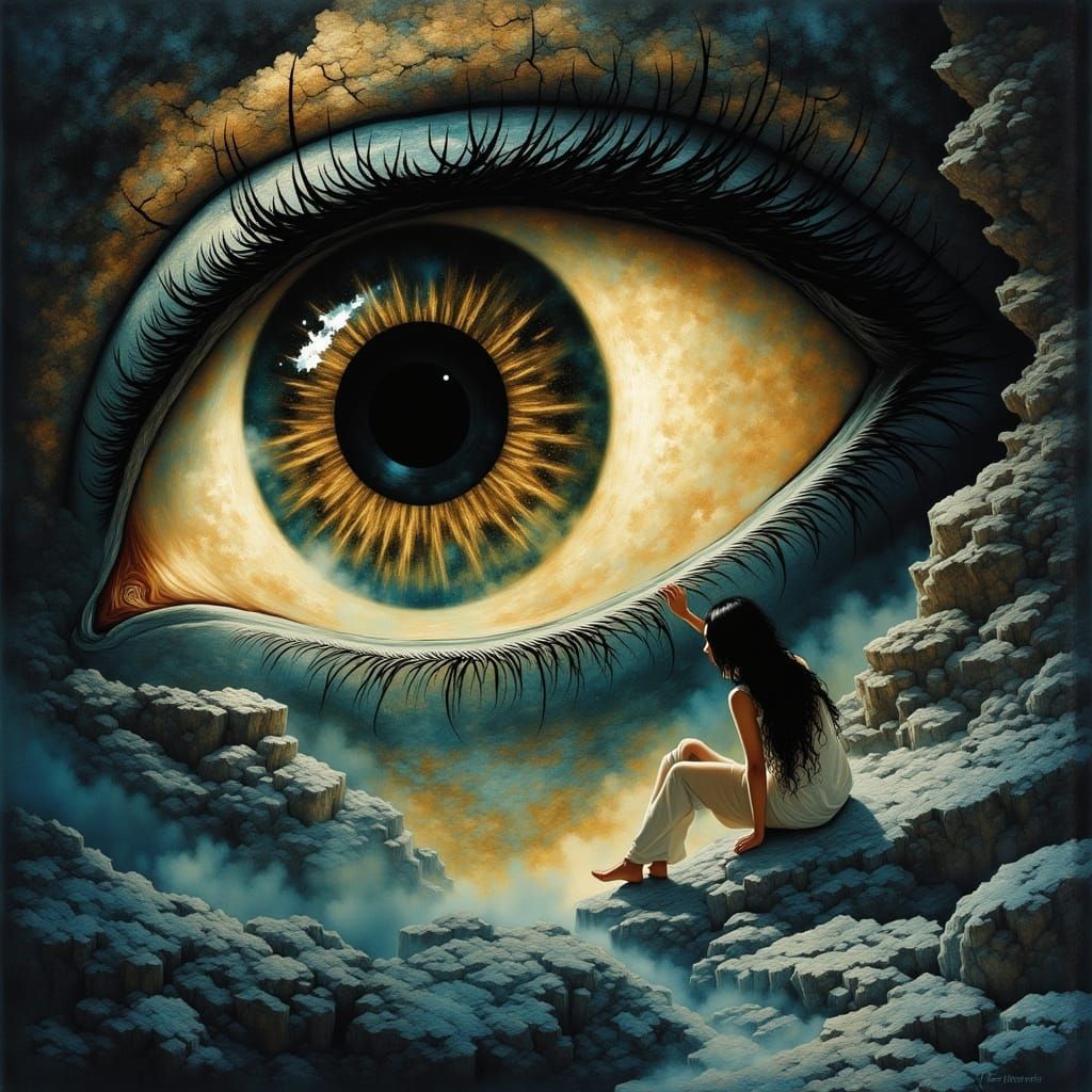 Woman Unlocks Portal in Giant Eye Stone