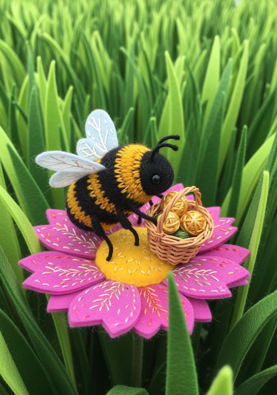 Embroidered Felt Bumblebee on Felt Flower