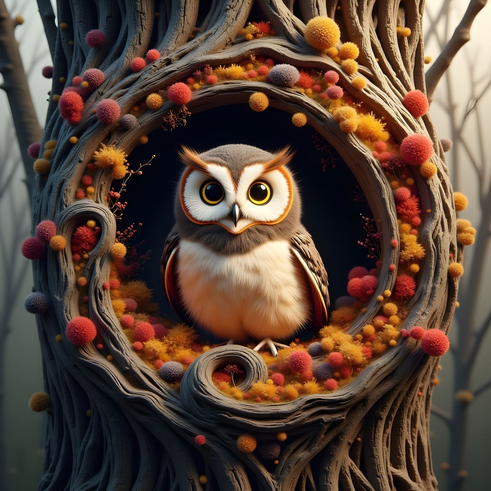 Whimsical Fluffy Owl Nests in Vibrant Autumn Landscape