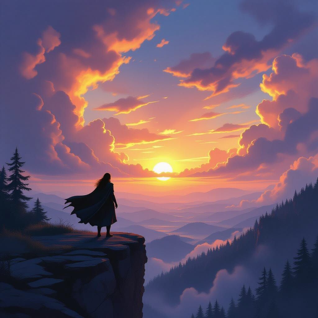 Fantasy Adventurer on Cliff Overlooking Ancient Forest at Su...