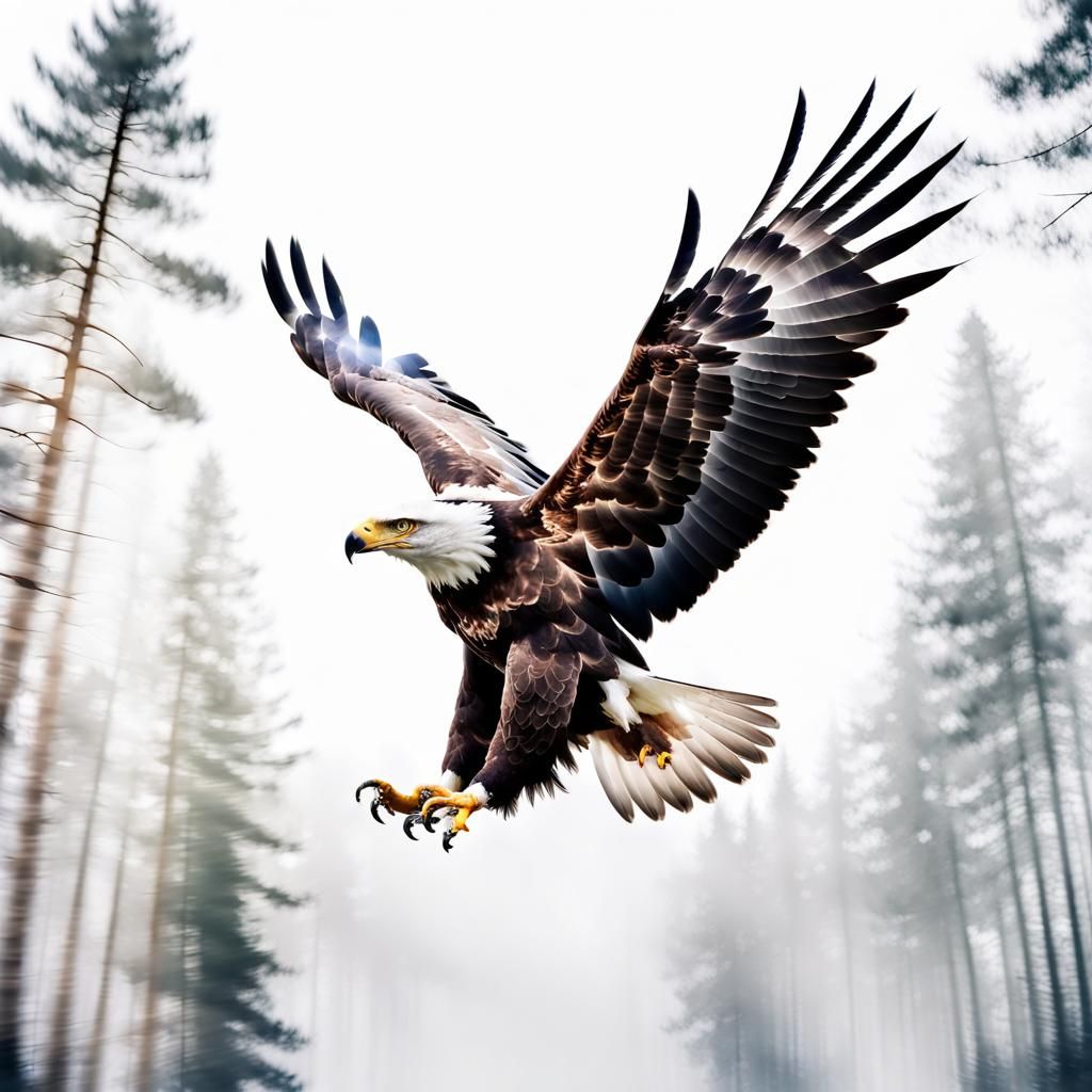 Double Exposure: Eagle Soaring Over Forest