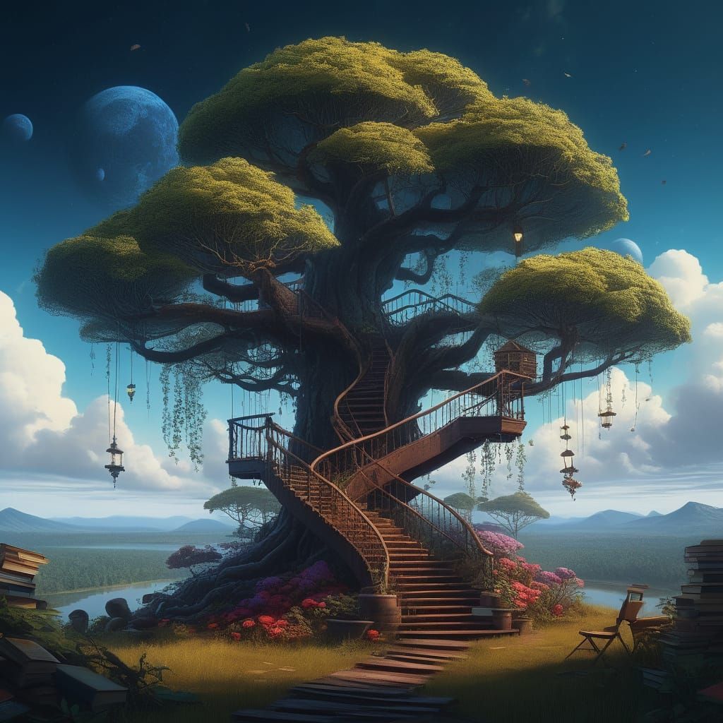 Whimsical Staircase to Knowledge Rises into the Night Sky