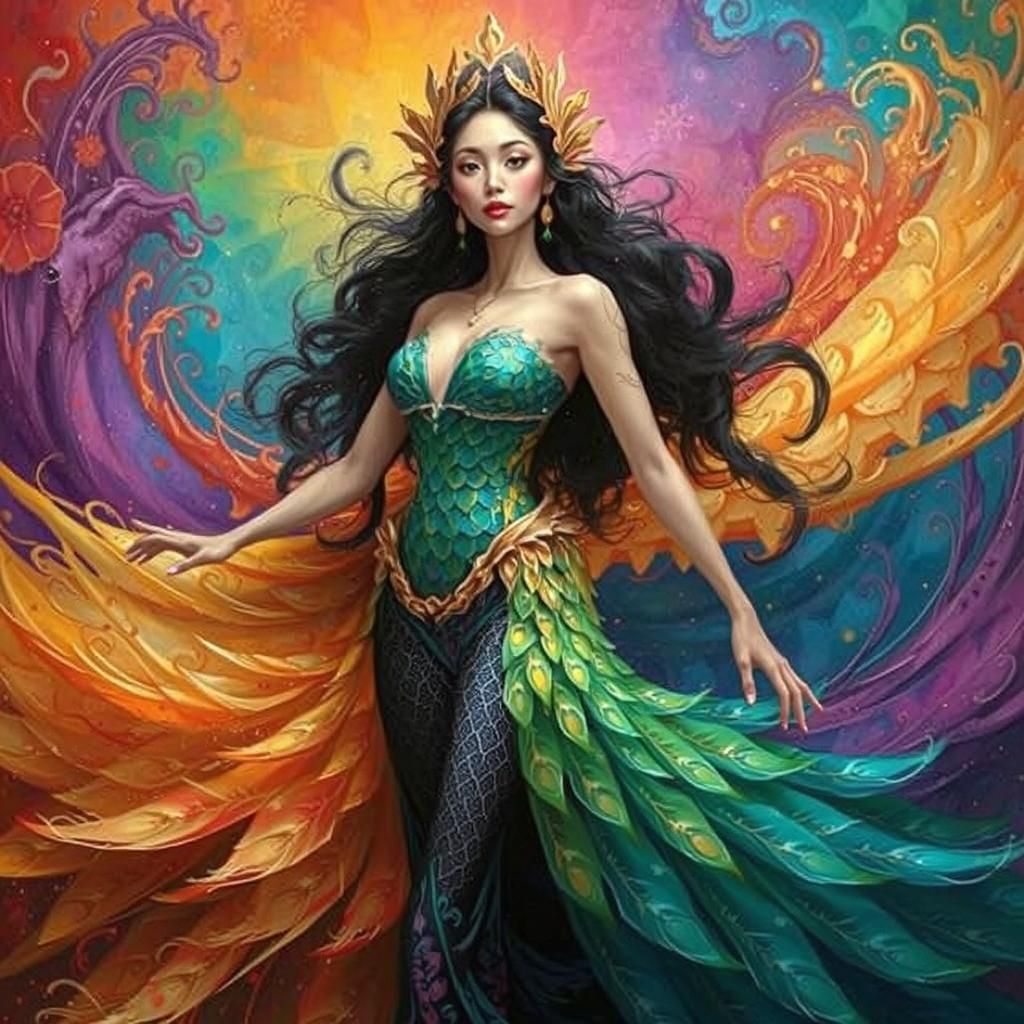 Fantasy Art: Dragon Peacock Woman in Abstract Expressionism