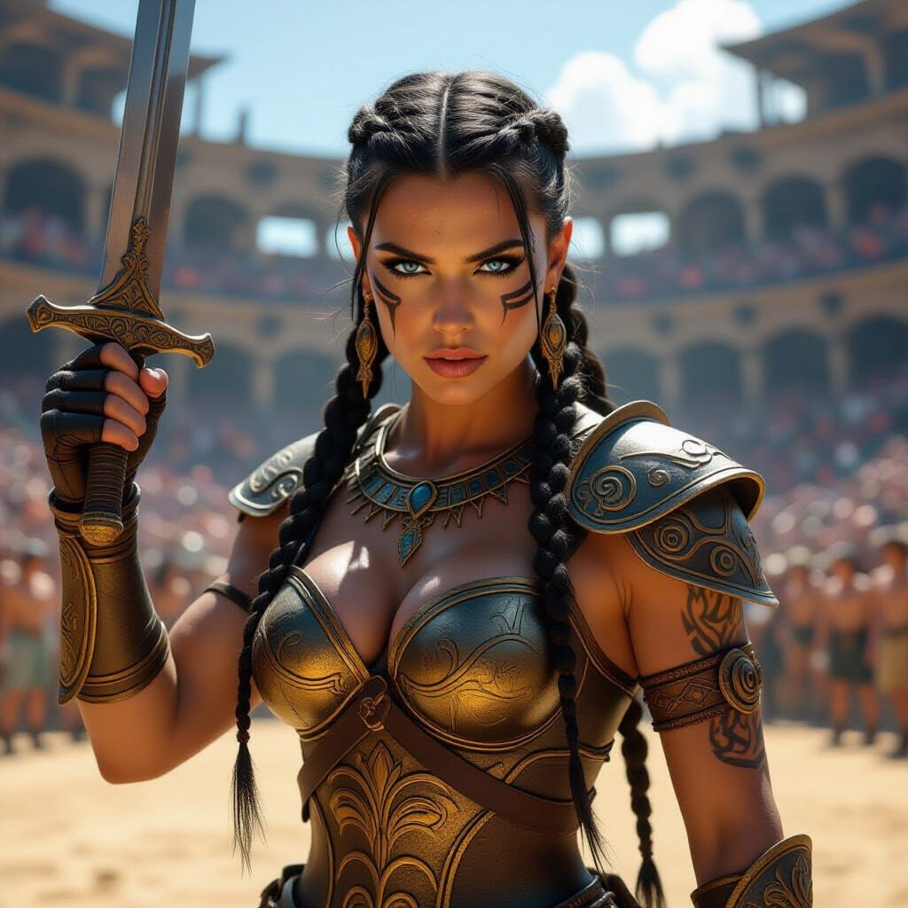 Fierce Gladiator in Arena, Photorealistic Rendering