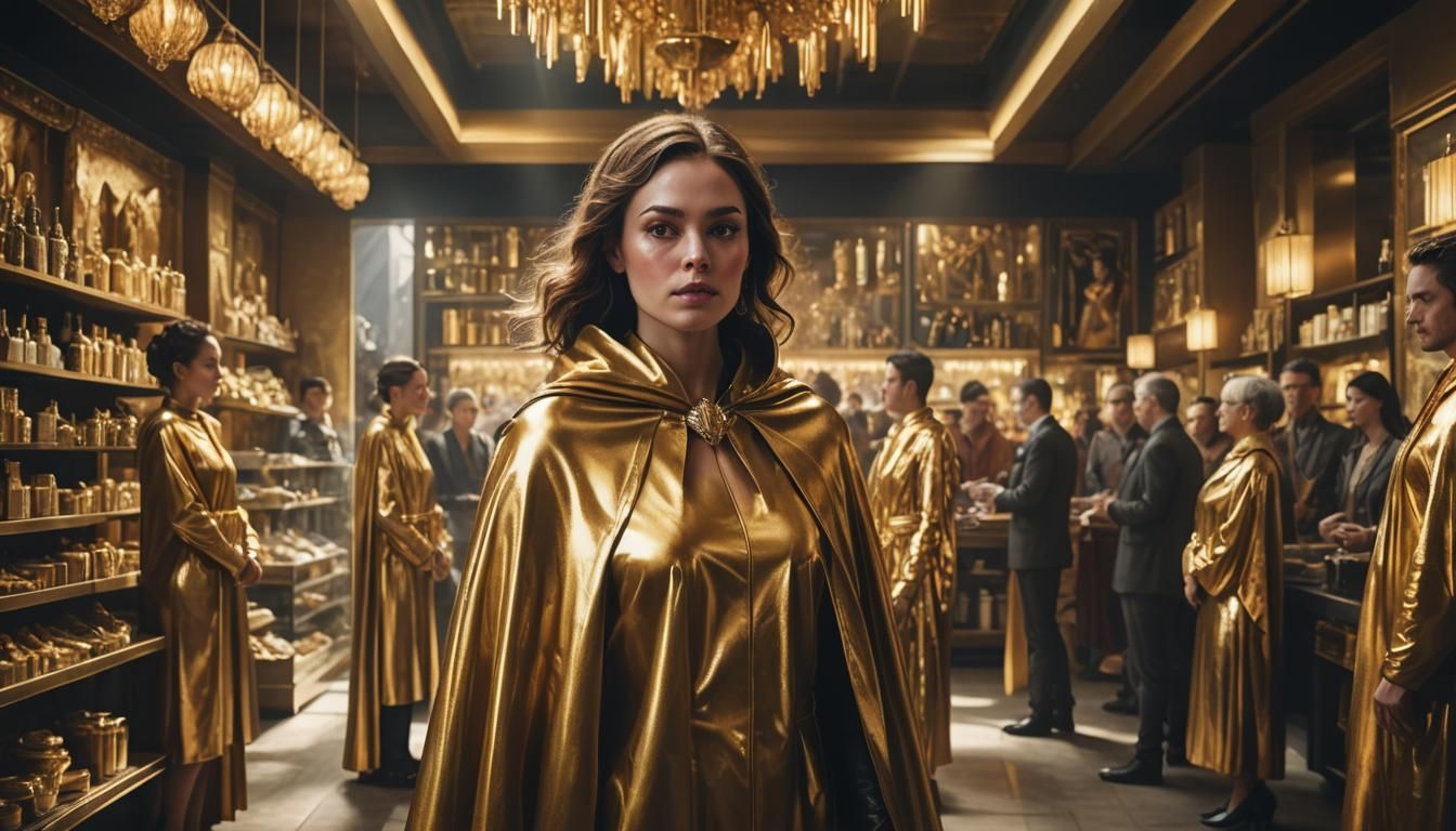 Woman in Gold Latex Robes Surrounded by Clients
