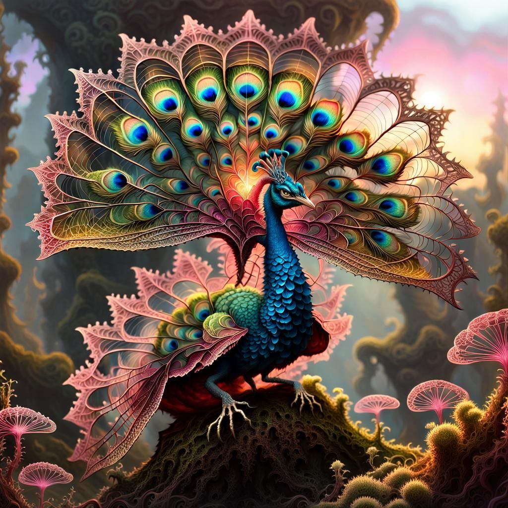 Ethereal Peacock Wizard in Bioluminescent Landscape