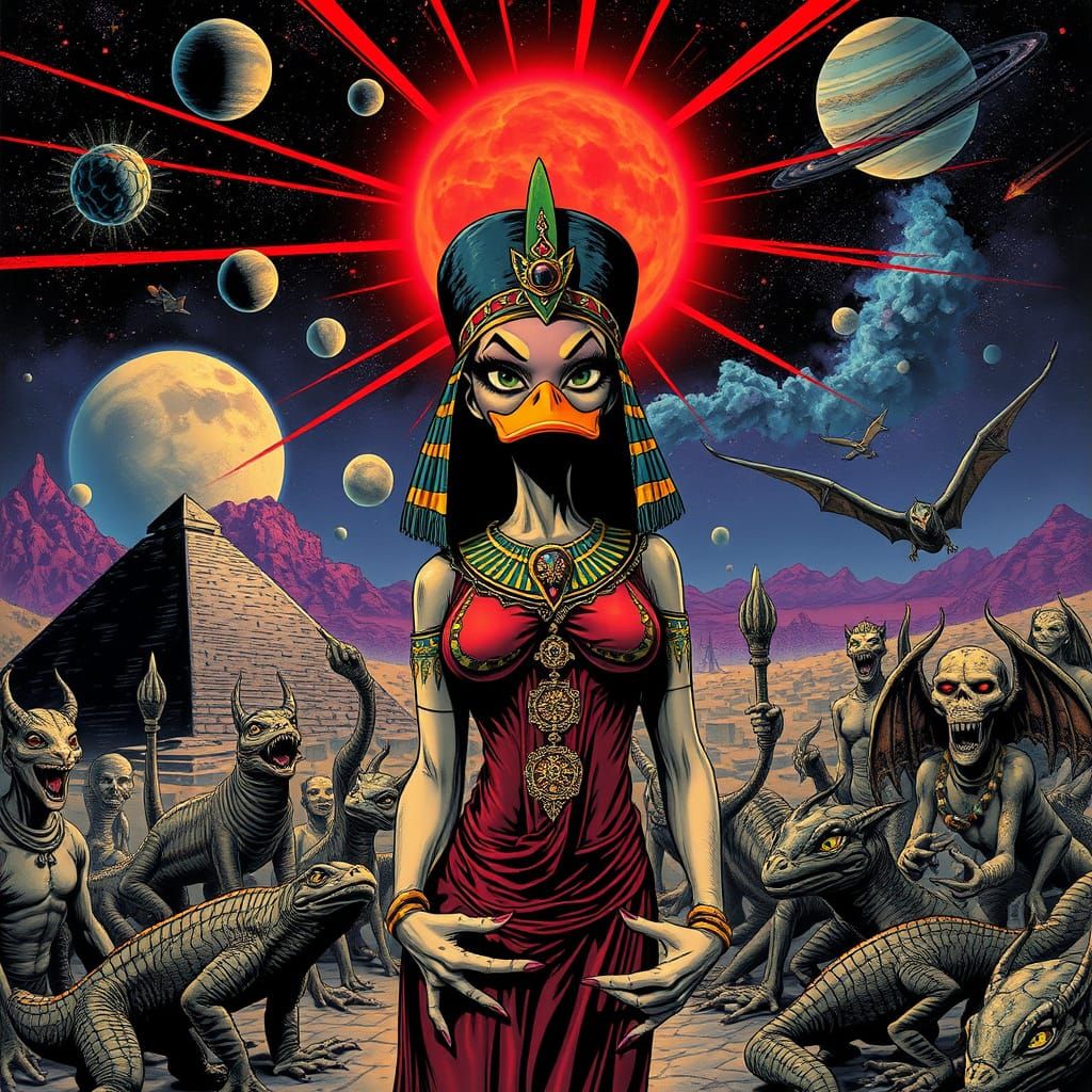 Egyptian Priestess Duck in Retro Sci-Fi Comic Style