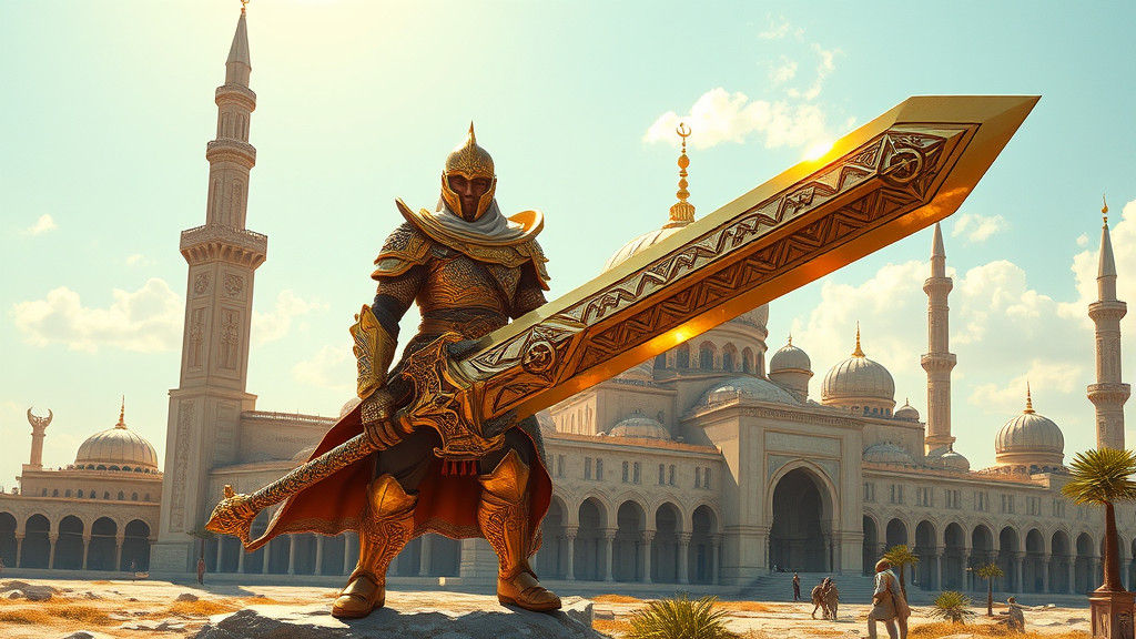 Warrior with Colossal Sword and Mosque, Epic Fantasy