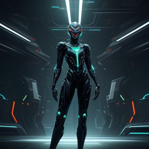 Cyberpunk Bodysuit in Neon-Lit Industrial Setting