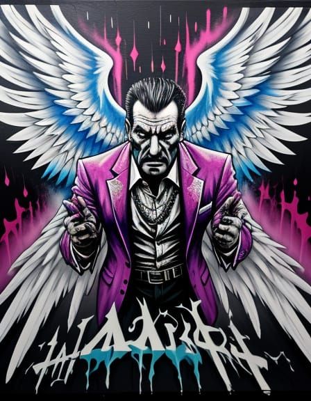 Mobster Summoning Angel in Vibrant Graffiti Art