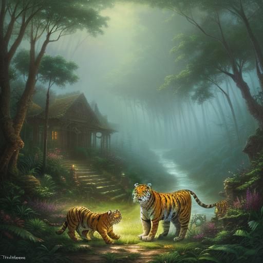 Tiger and Cub in Ethereal Jungle Scene
