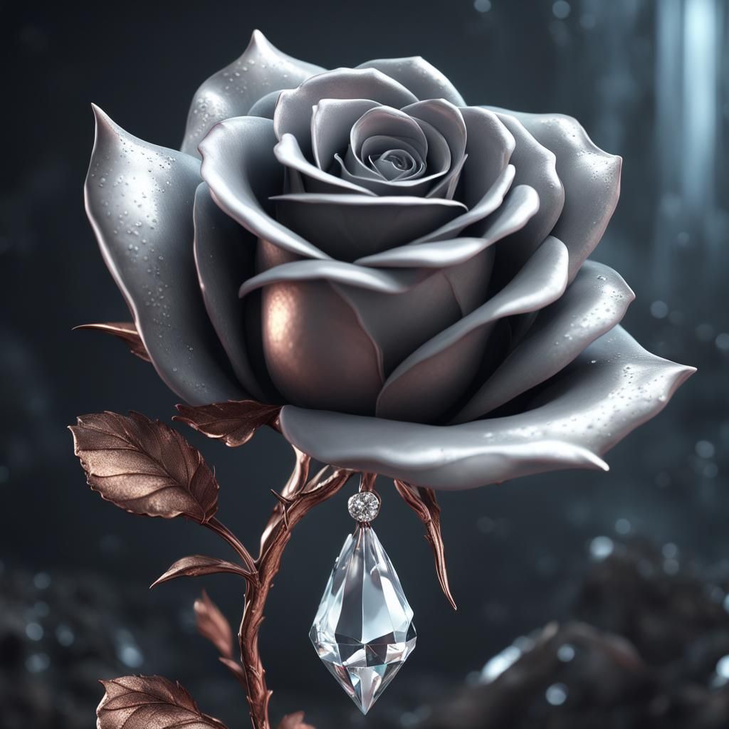 Grey Metal Rose with Diamond Drops and Fairy