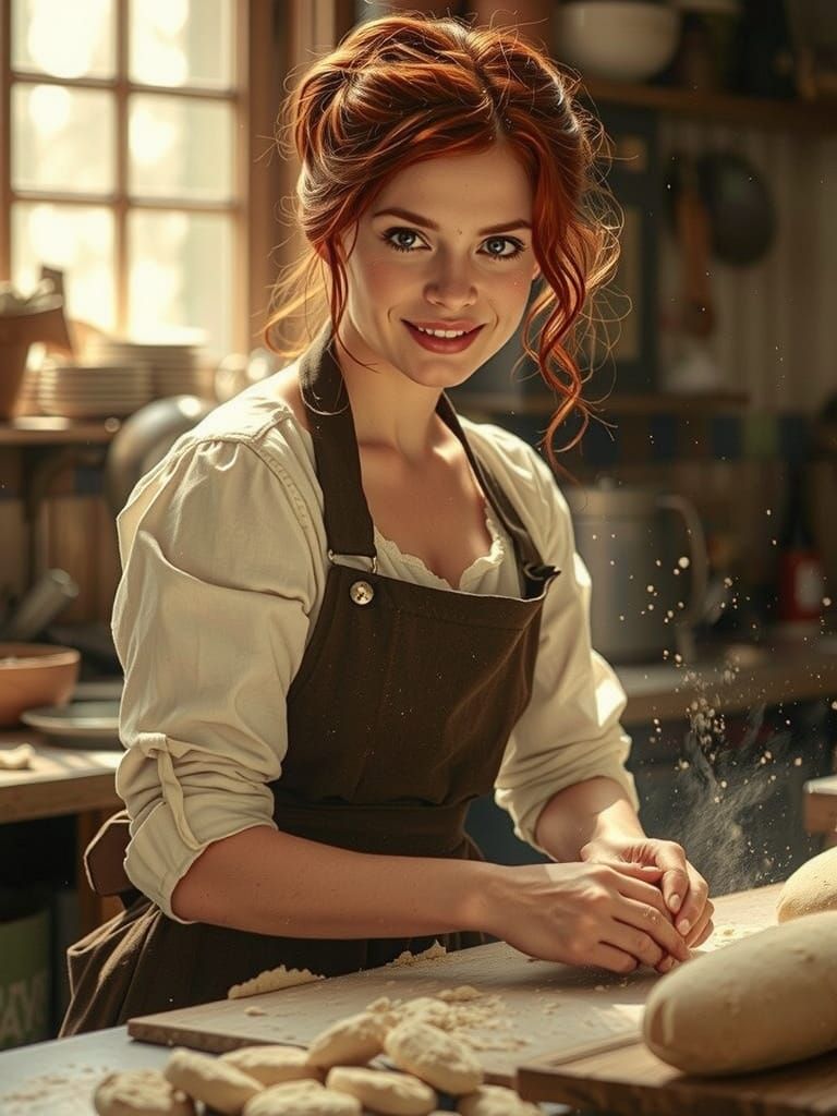Redhead Baker in Kitchen, Golden-Hour Cinematography