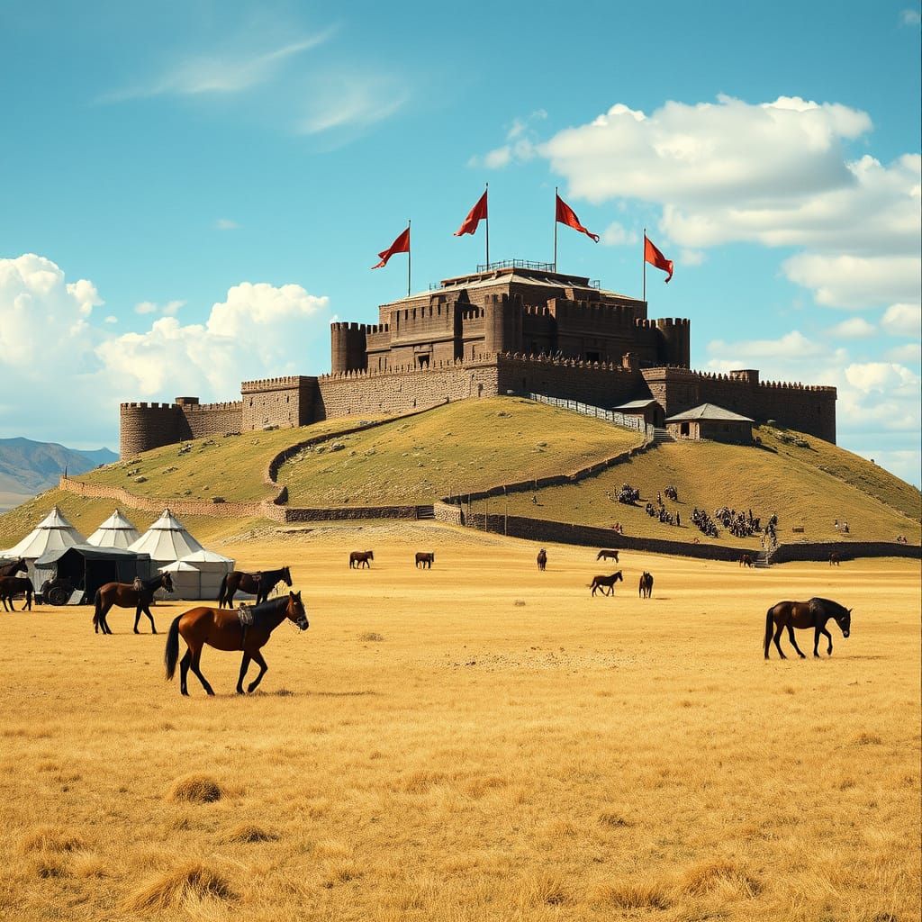 Mongol Fortress on Vast Steppe, Ultrarrealistic Cinematic Vi...