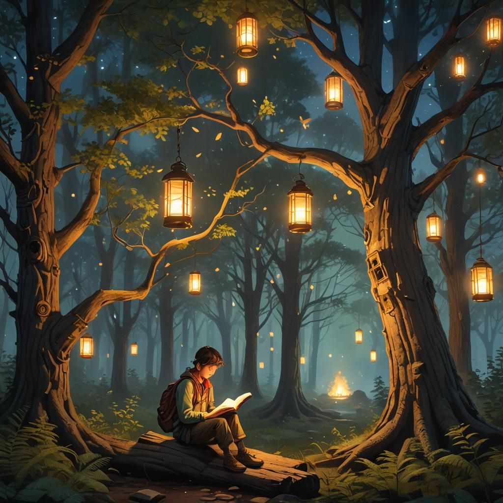 Mystical Forest Scene with Traveler in Fantasy Art