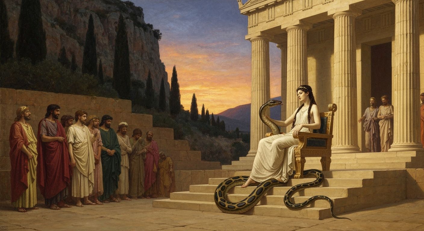 Oracle at Delphi in Waterhouse Style