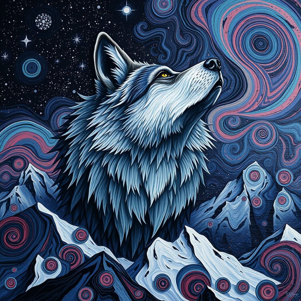 Giant Wolf Head Impasto Painting Above Snowy Mountains