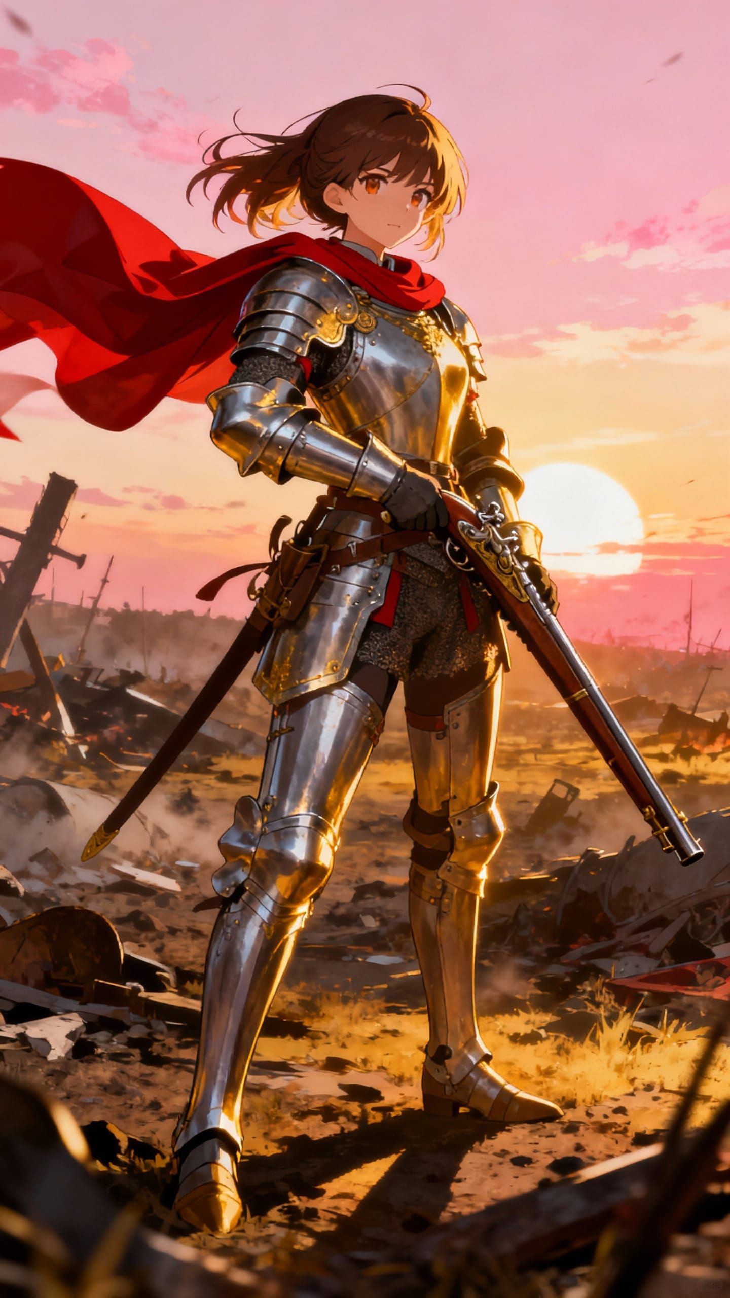 Anime Knight Girl with Musket on Battlefield at Dawn
