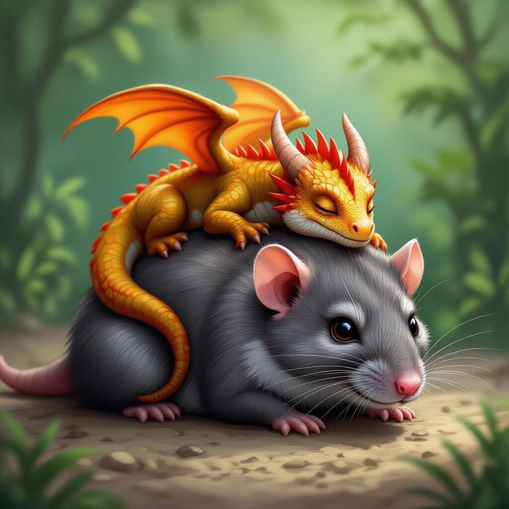 Tiny Dragon Rests on Giant Rat's Back