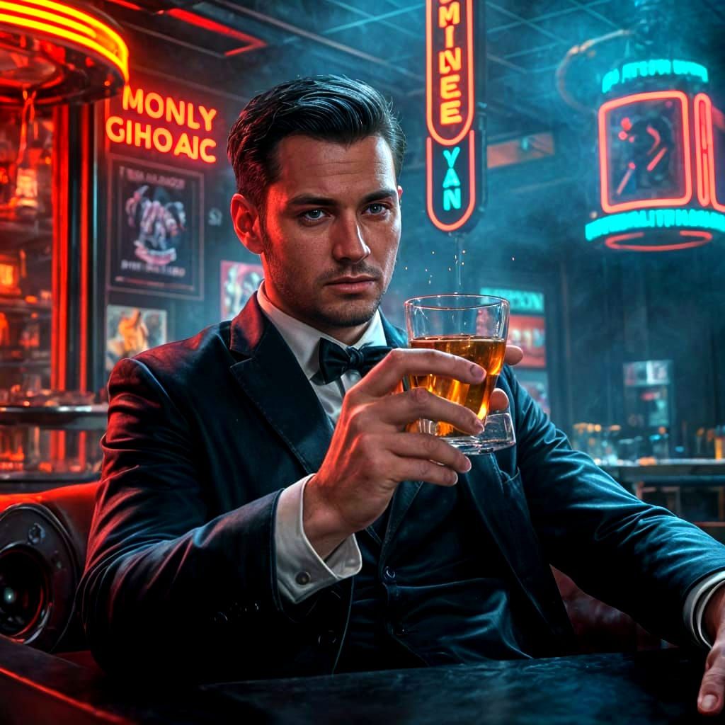 Mysterious Man in a Smoky Club, Whiskey in Hand