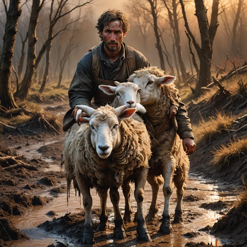 Gentle Shepherd Rescues Lamb in Dramatic Sunset Landscape
