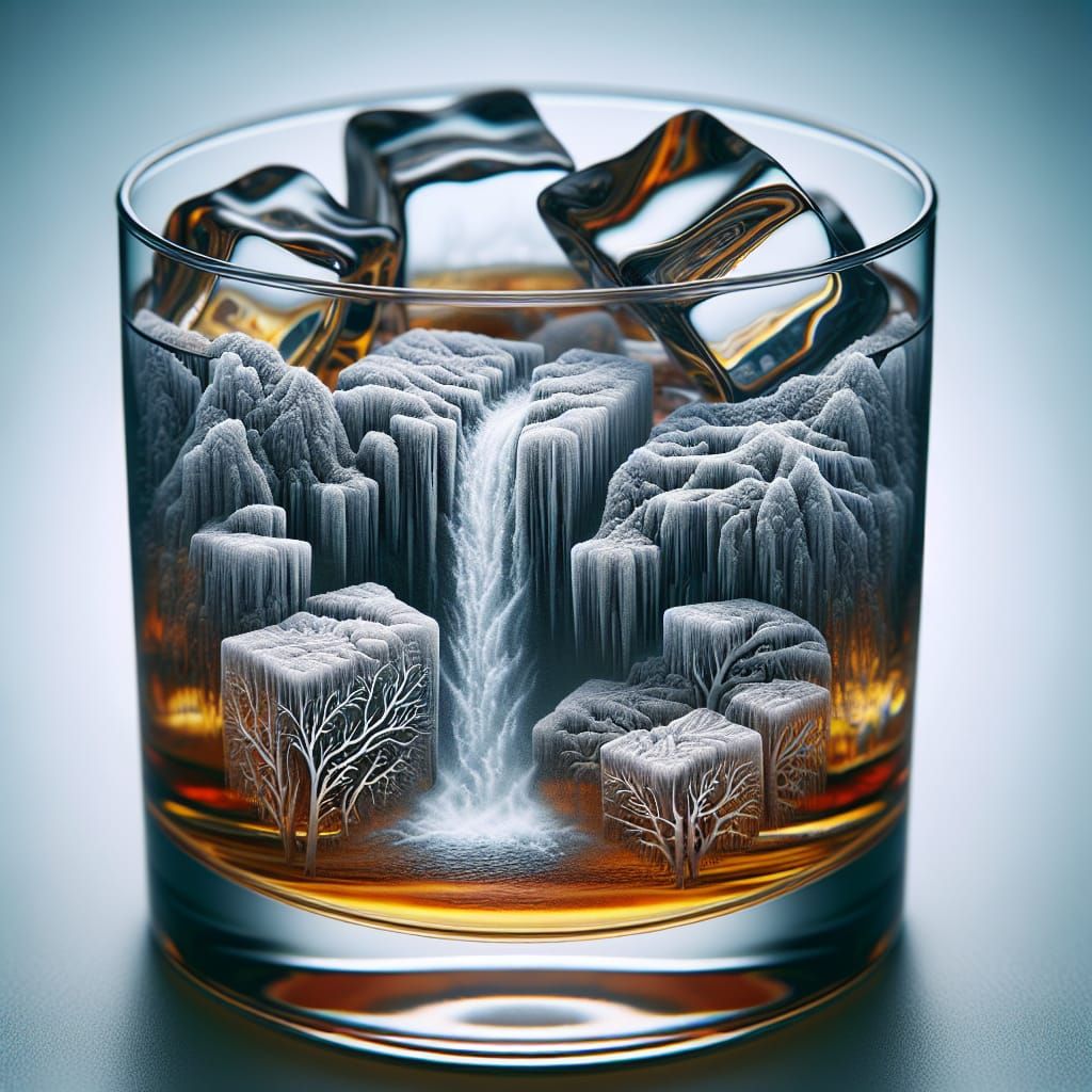 Scotch with Waterfall Ice Cubes: Macro Photography
