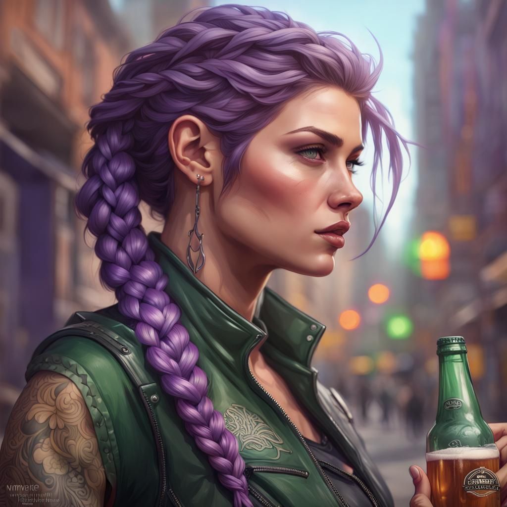 Cool Biker Woman with Purple Braid Portrait