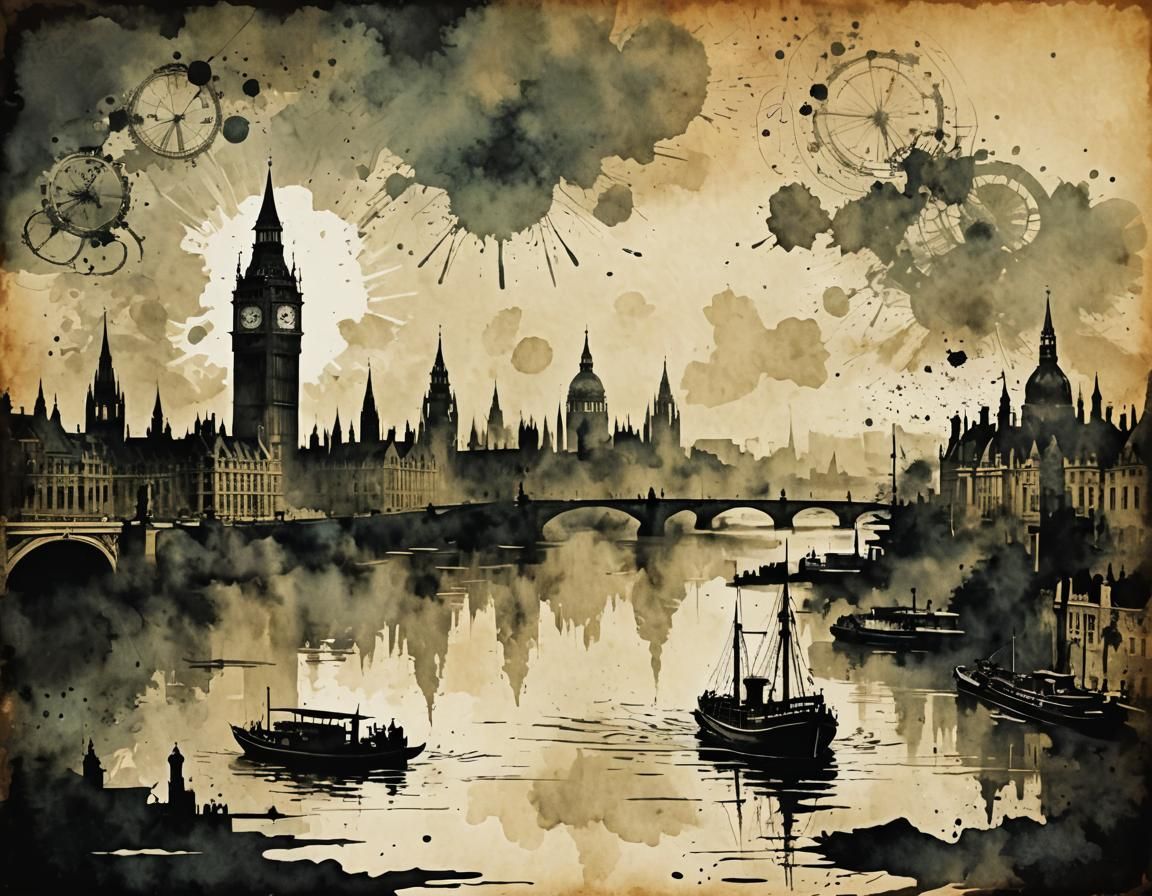 Steampunk Silhouette on the Thames: Ink Painting