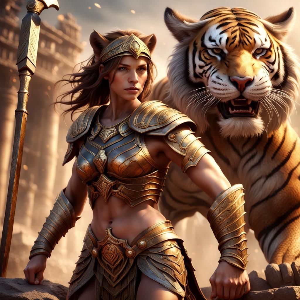 Triumphant Tiger-Humanoid Gladiator in Golden Armor