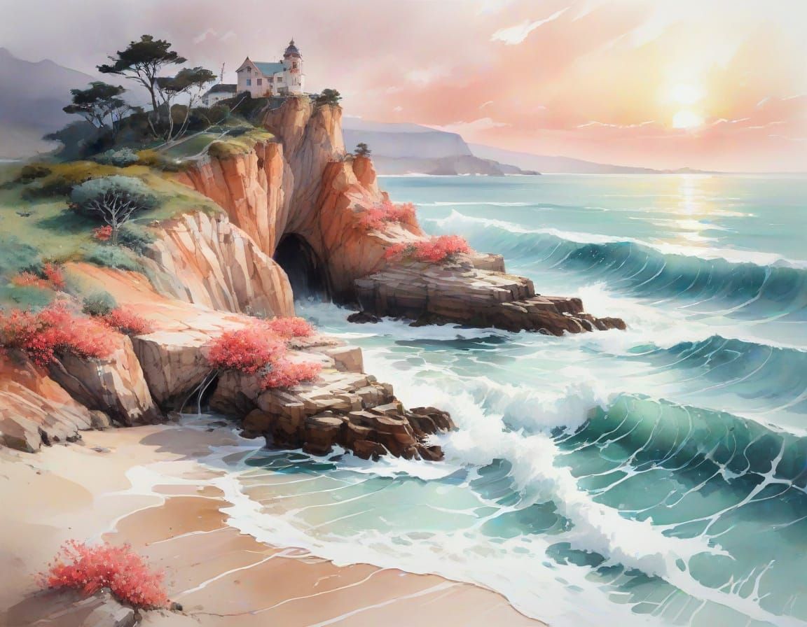 Coral Keep at Spring Tide: Watercolor Seaside Fantasy