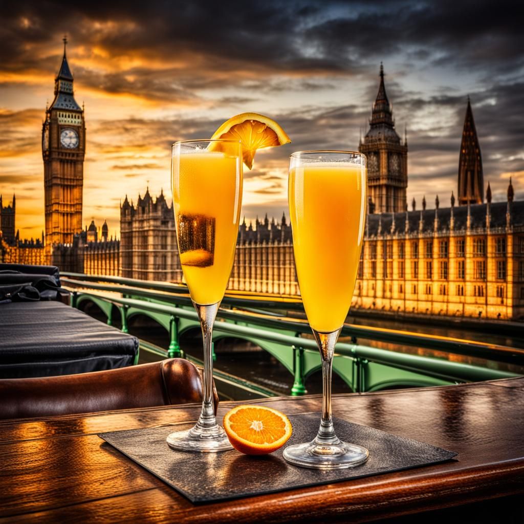 Bucks Fizz Cocktail in London Pub with Big Ben