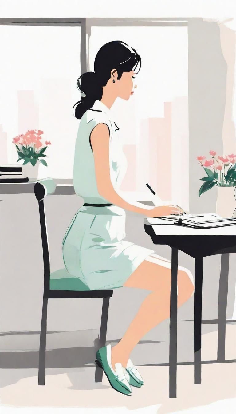 Minimalist Ink Painting of Woman in Office