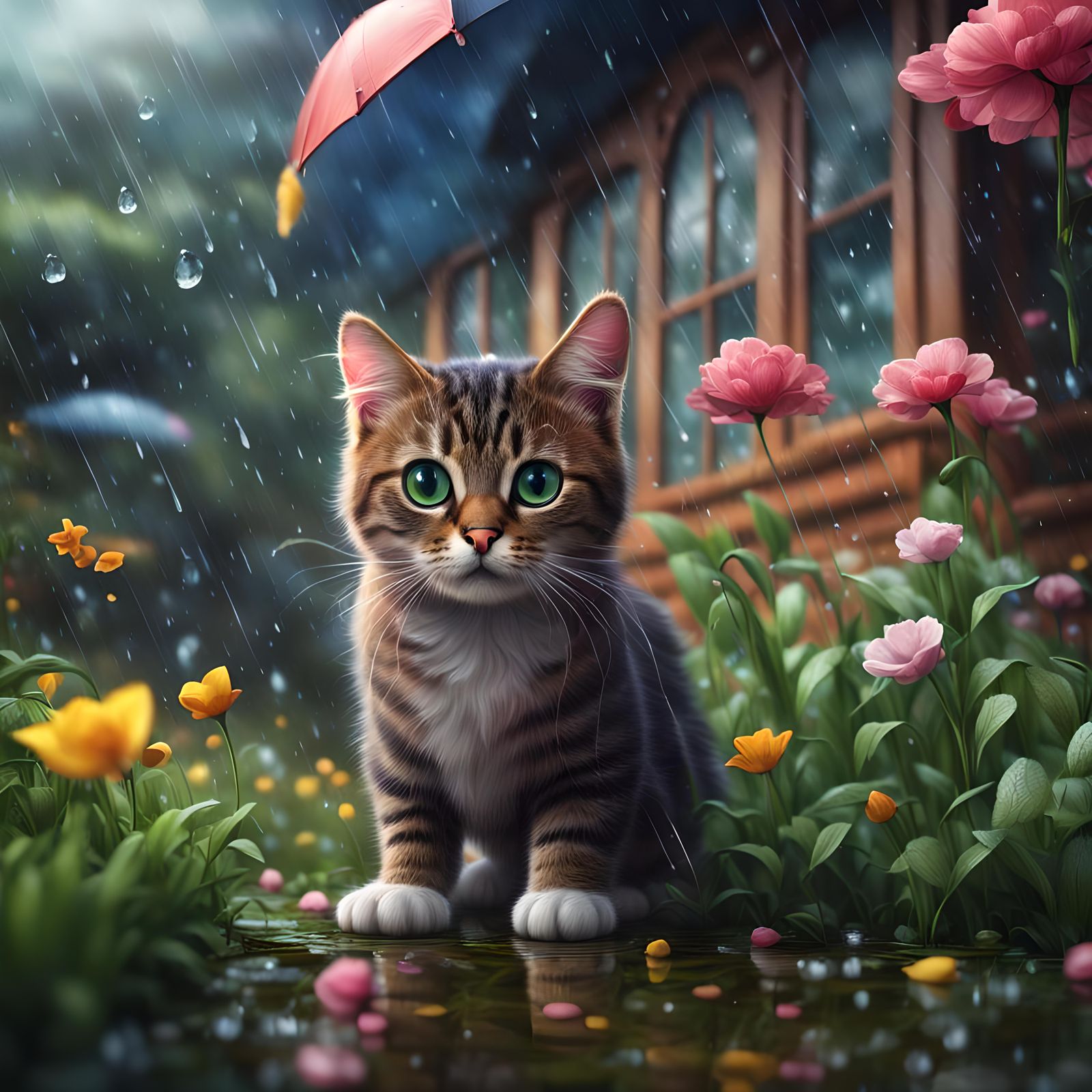 Cute Cat in Rainy Spring Garden Digital Painting