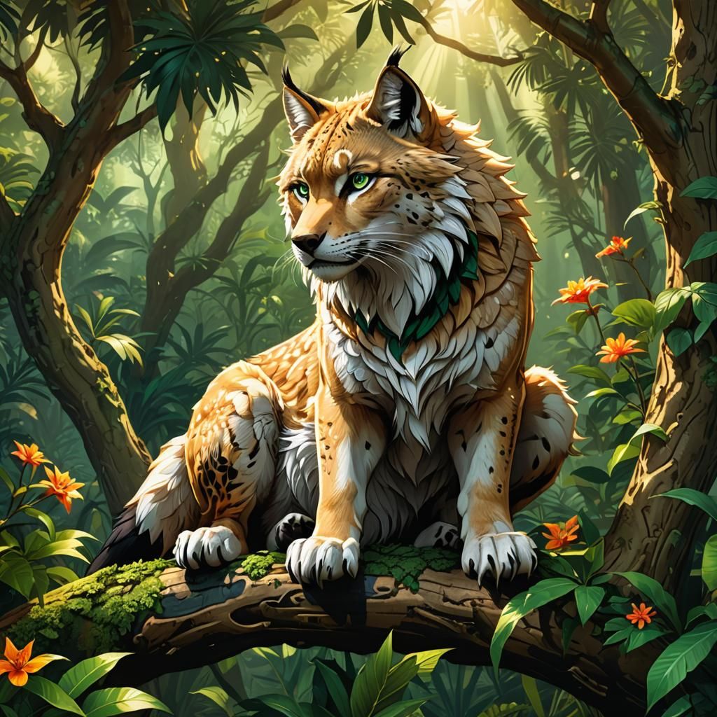 Lynx-Wolf Hybrid in Jungle, Vibrant Anime Style