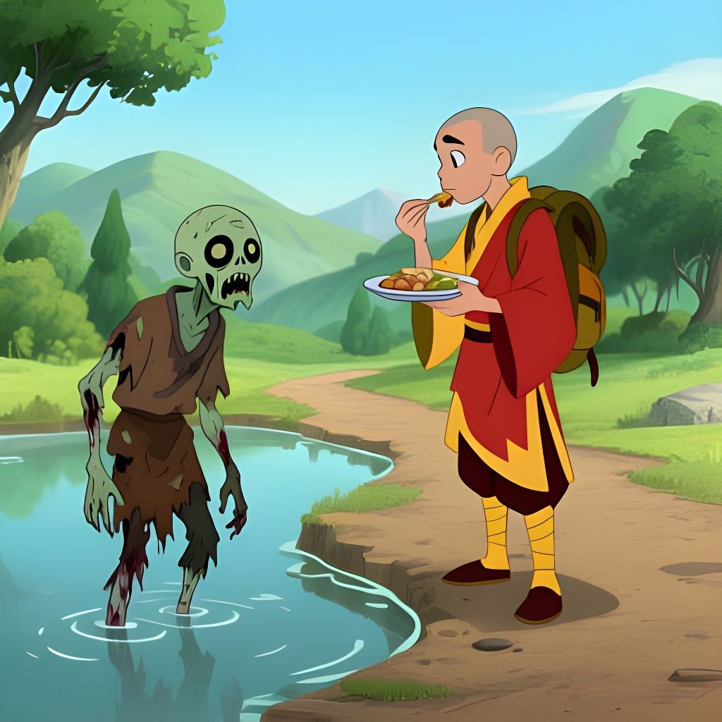 Aang Encounters Zombie Creature in 2D Animation Style