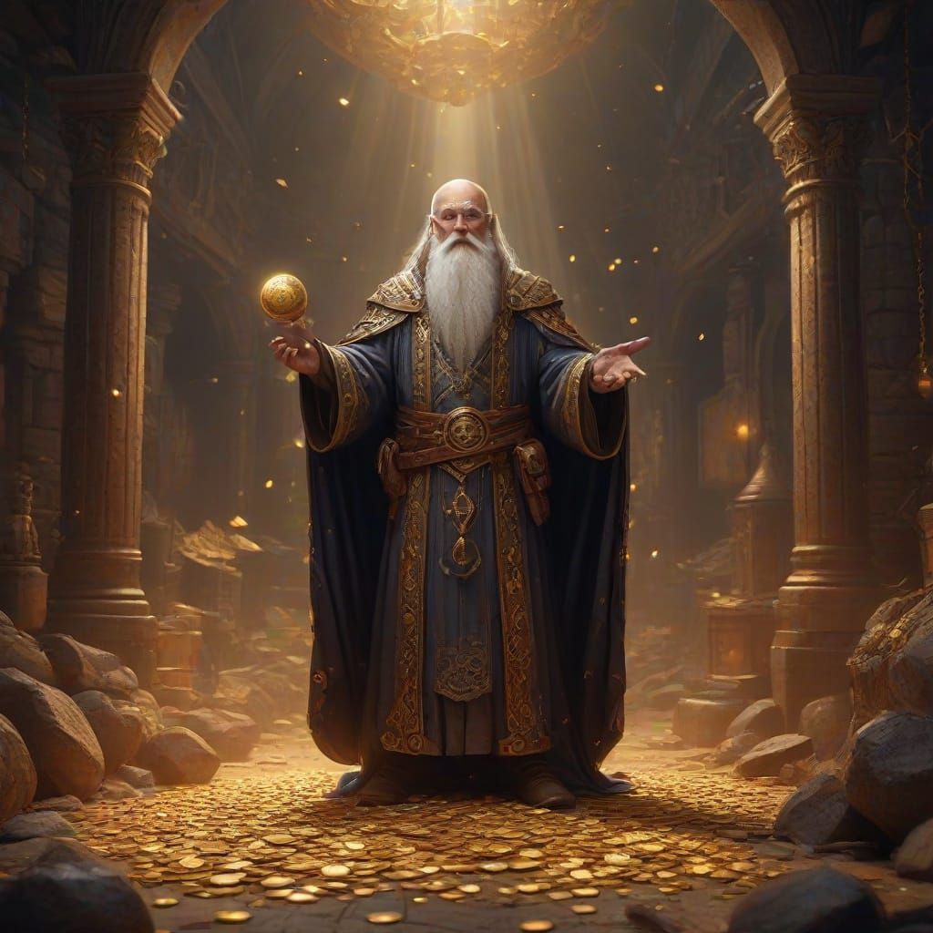 Wizard Amidst Treasure Hoard in Magical Chamber