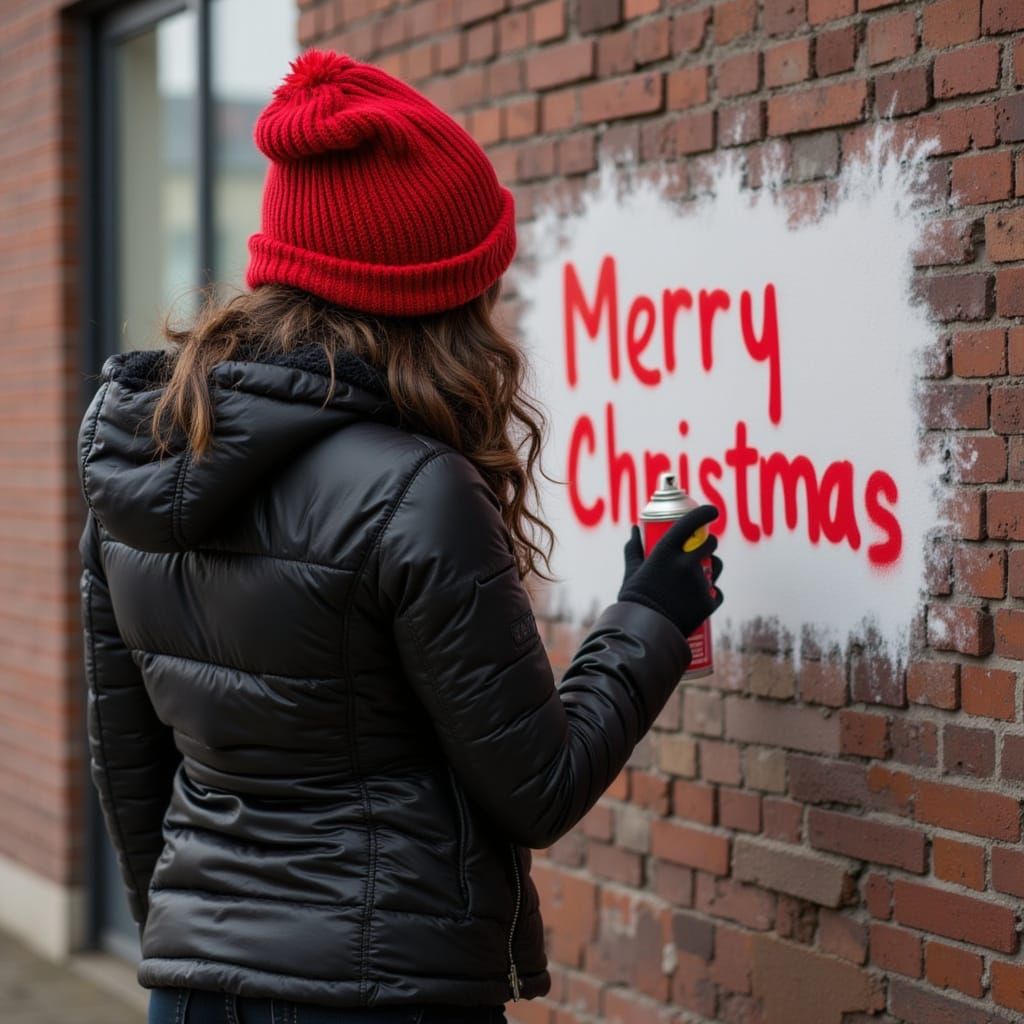 Woman Painting Merry Christmas on Brick Wall