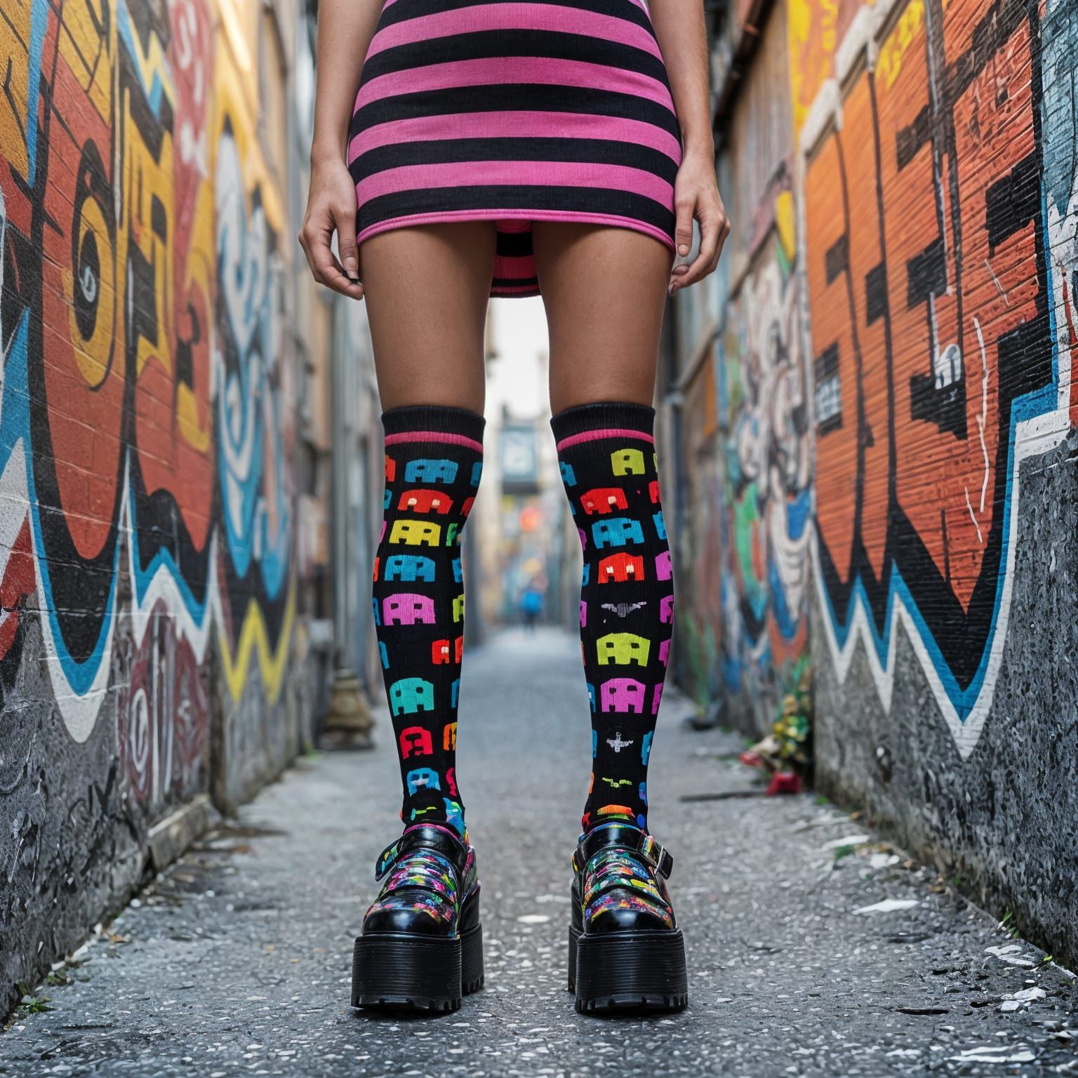 Space Invaders Socks and Platform Shoes in Urban Setting